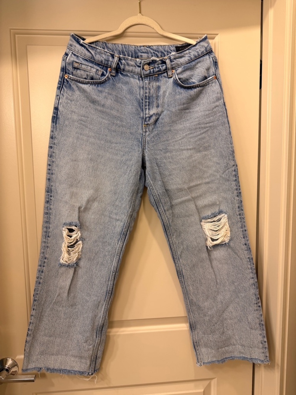 AllSaints Light Blue wide leg Jeans with Knee Rips
